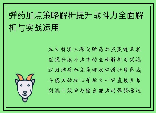 弹药加点策略解析提升战斗力全面解析与实战运用